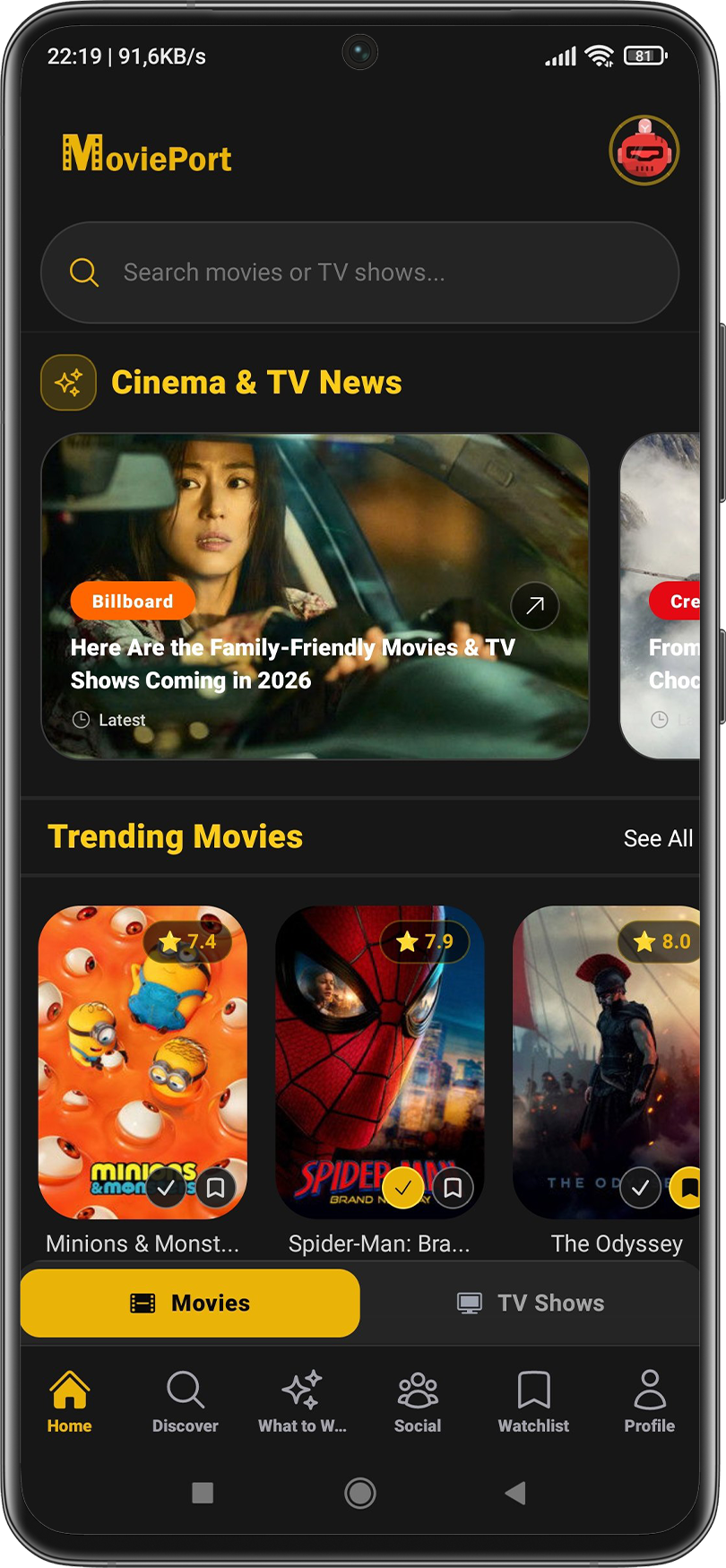 MoviePort ana sayfa ekranı