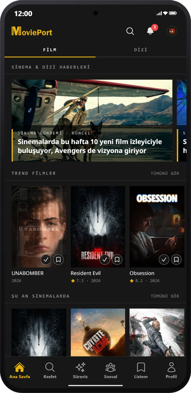 MoviePort ana sayfa ekranı