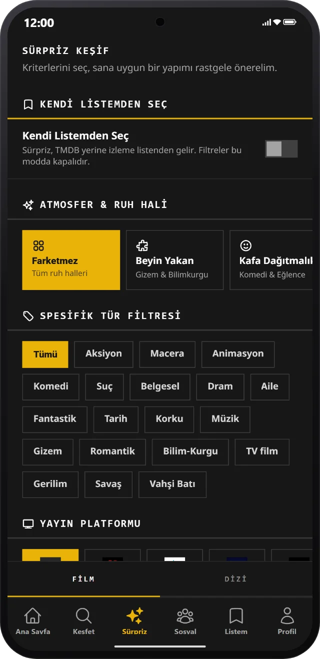 MoviePort sürpriz keşif ekranı